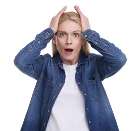 Photo of Portrait of surprised woman isolated on white