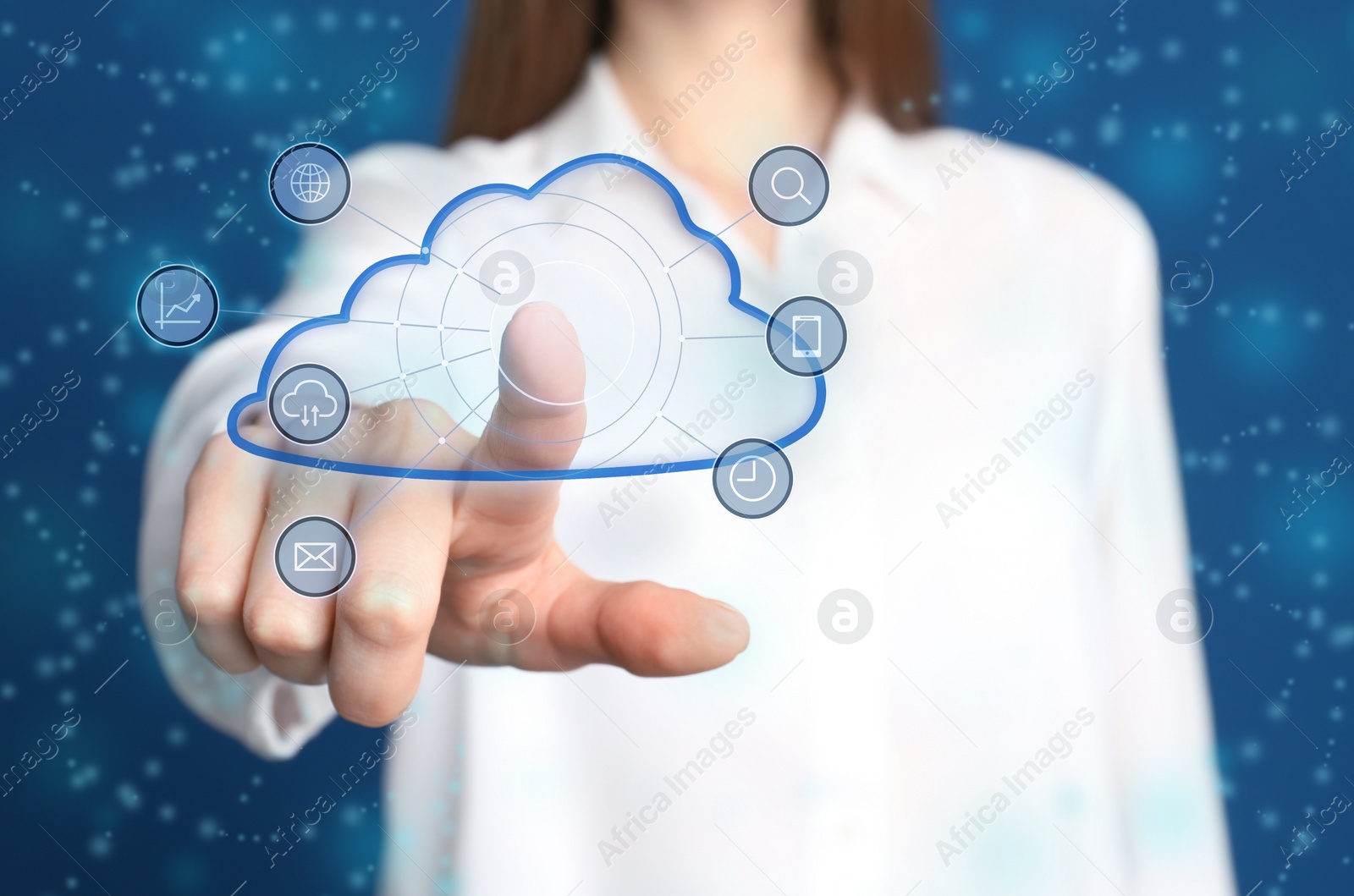 Image of Young woman touching digital cloud on virtual screen, closeup. Modern technology