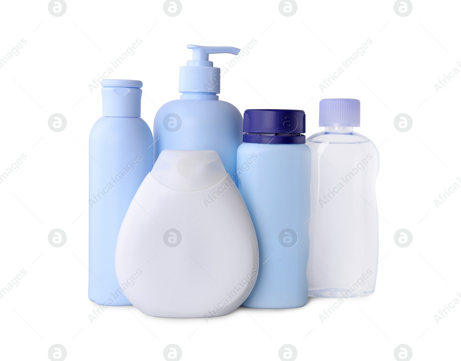 Photo of Blank bottles with baby cosmetic products isolated on white