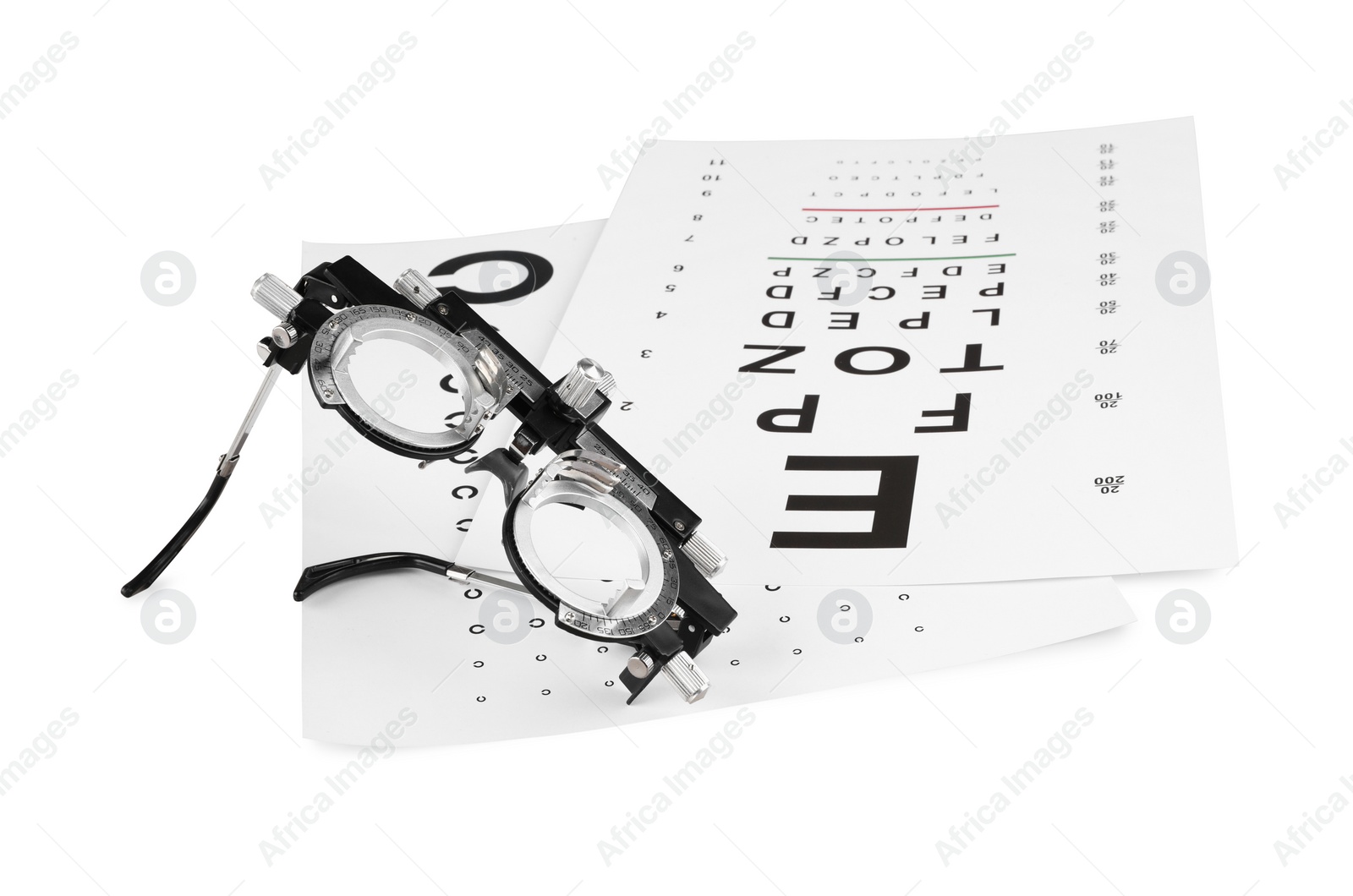 Photo of Trial frame and vision test charts isolated on white