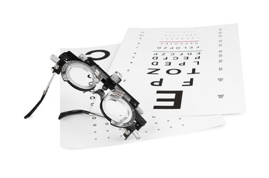 Photo of Trial frame and vision test charts isolated on white