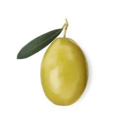 Photo of Delicious fresh green olive with leaf on white background