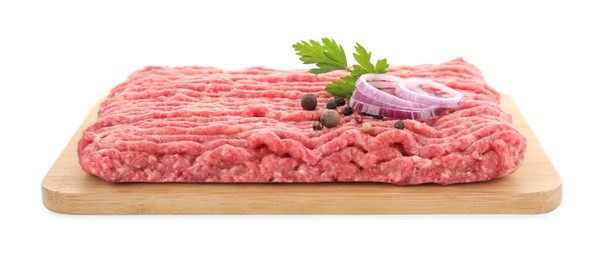 Board with raw ground meat, onion, peppercorns and parsley isolated on white