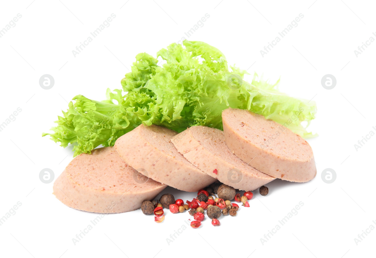 Photo of Slices of delicious liver sausage, lettuce and peppercorns on white background