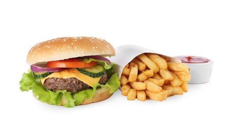 Photo of Delicious burger, ketchup and french fries on white background