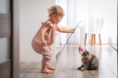 Photo of Cute little child playing with adorable pet at home