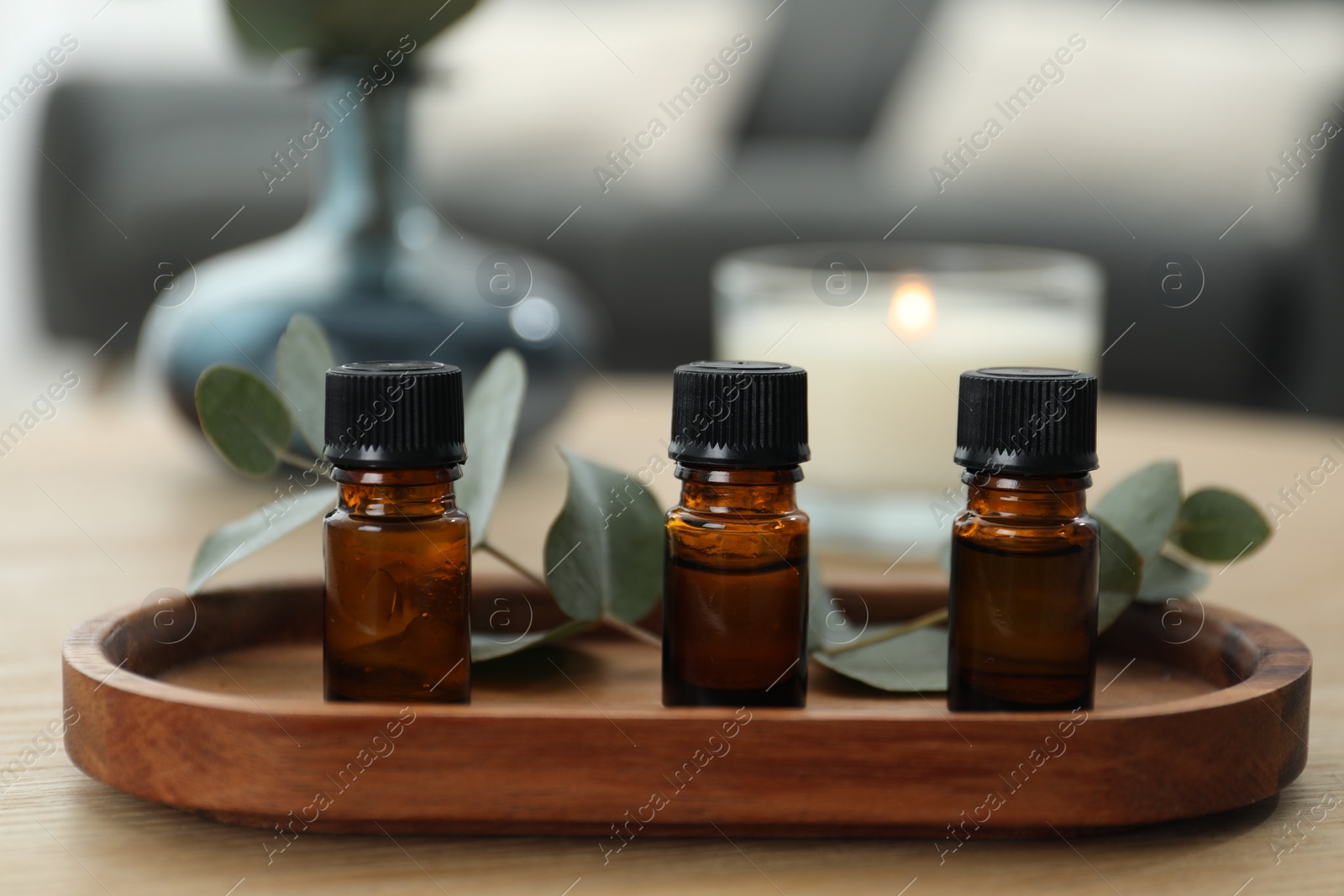 Photo of Aromatherapy. Bottles of essential oil and eucalyptus leaves on wooden table