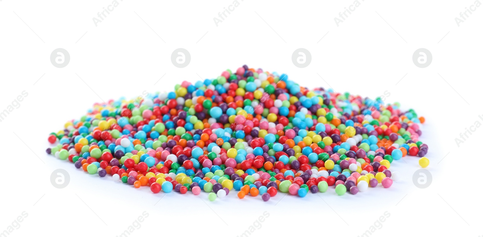 Photo of Pile of colorful sprinkles on white background. Confectionery decor