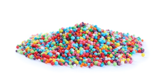 Photo of Pile of colorful sprinkles on white background. Confectionery decor