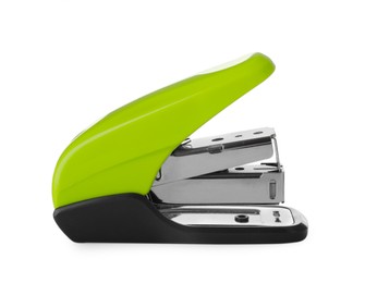 Photo of New bright green stapler isolated on white