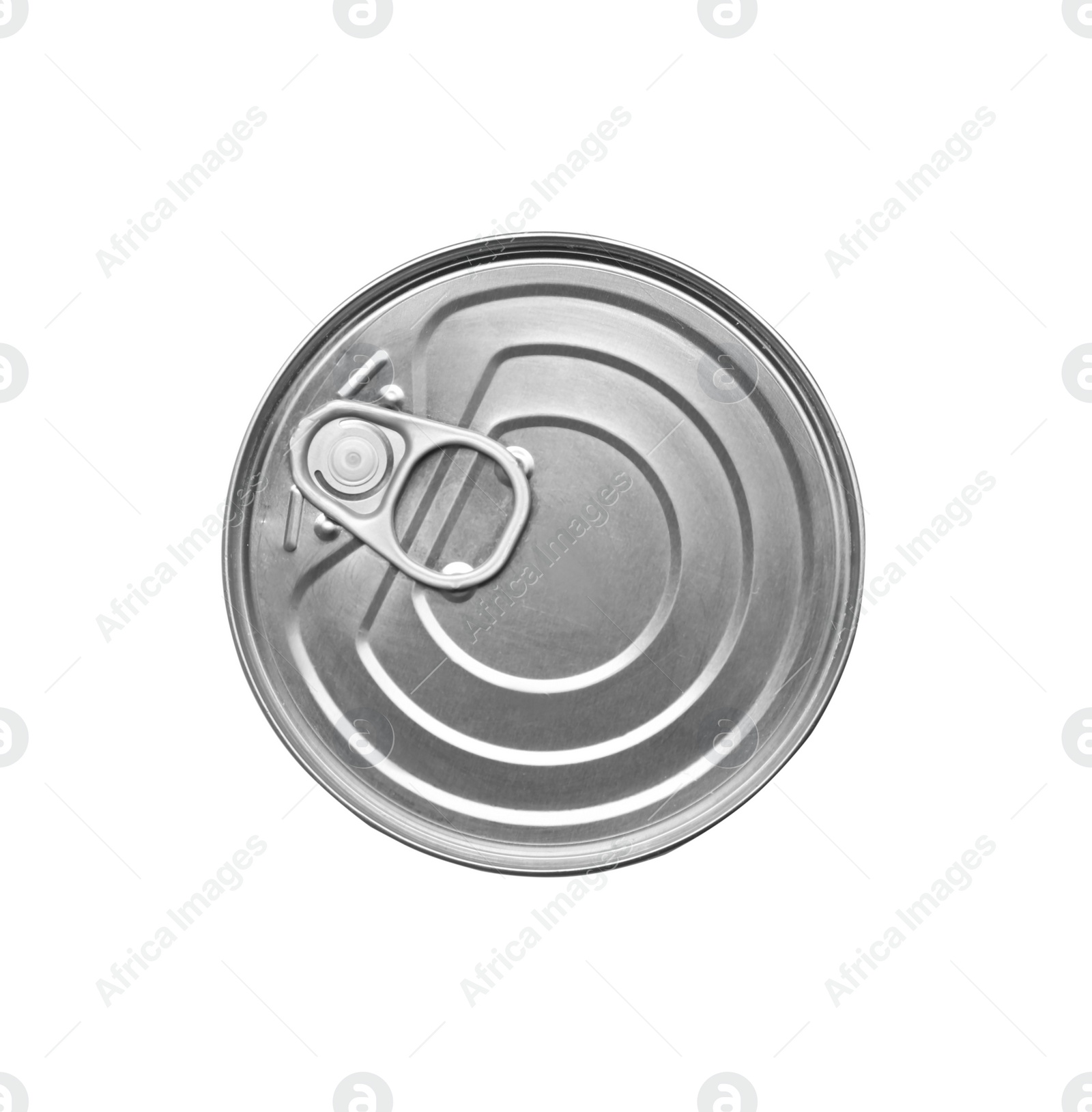 Photo of Closed tin can with ring isolated on white, top view