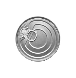 Photo of Closed tin can with ring isolated on white, top view