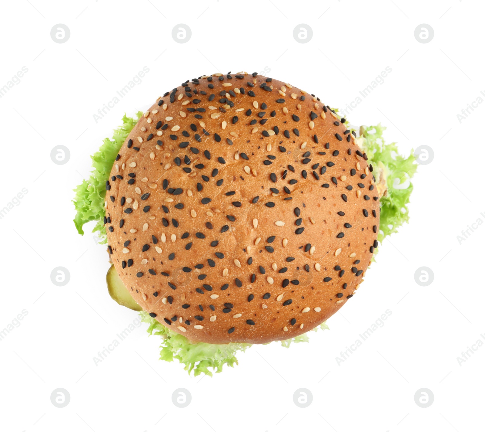 Delicious burger isolated on white, top view Photo of Delicious burger isolated on white, top view