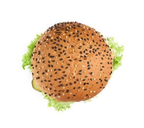 Photo of Delicious burger isolated on white, top view