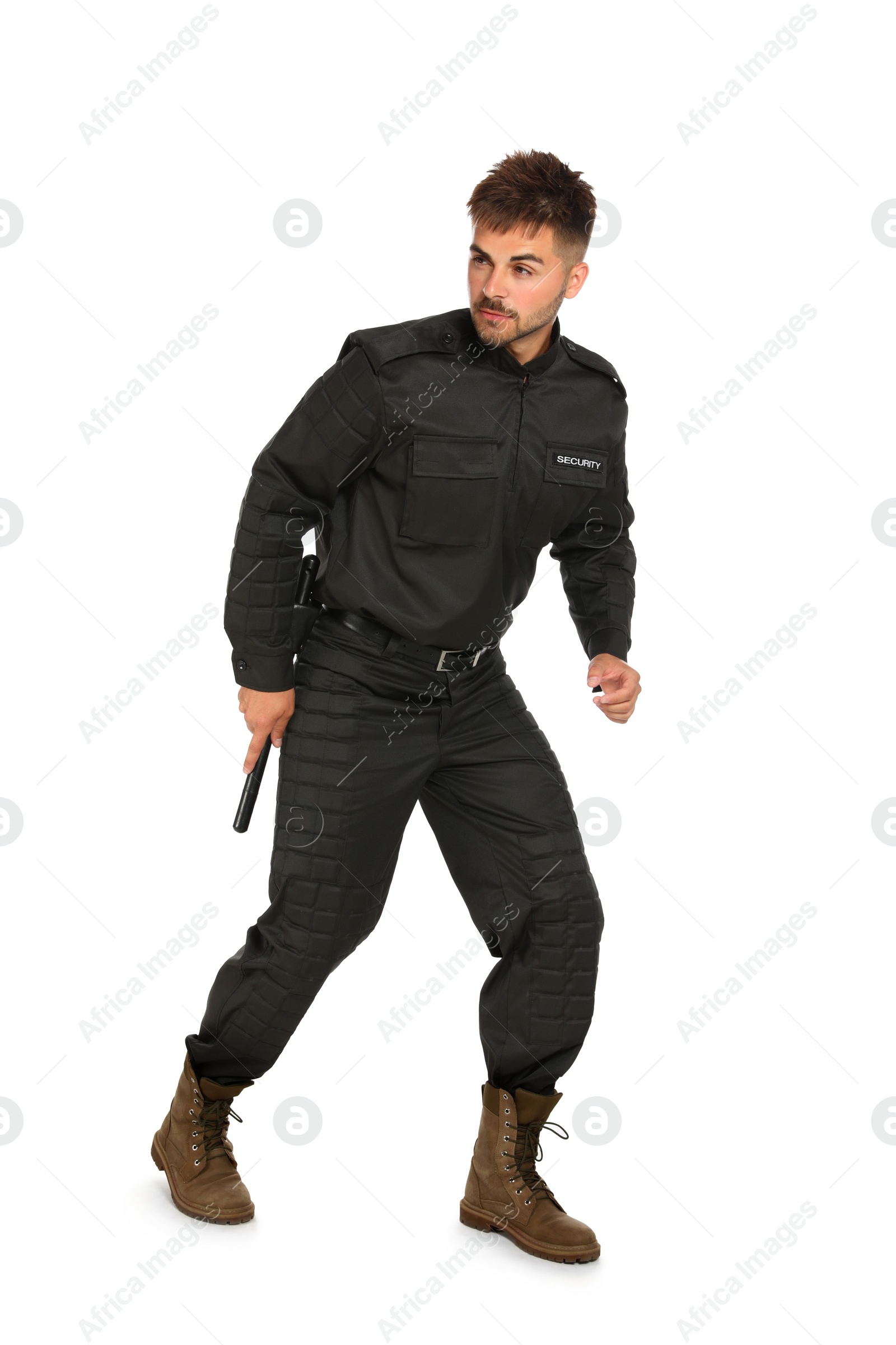 Photo of Male security guard in uniform on white background