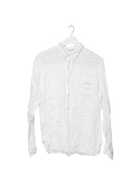 Photo of Crumpled shirt on hanger against white background