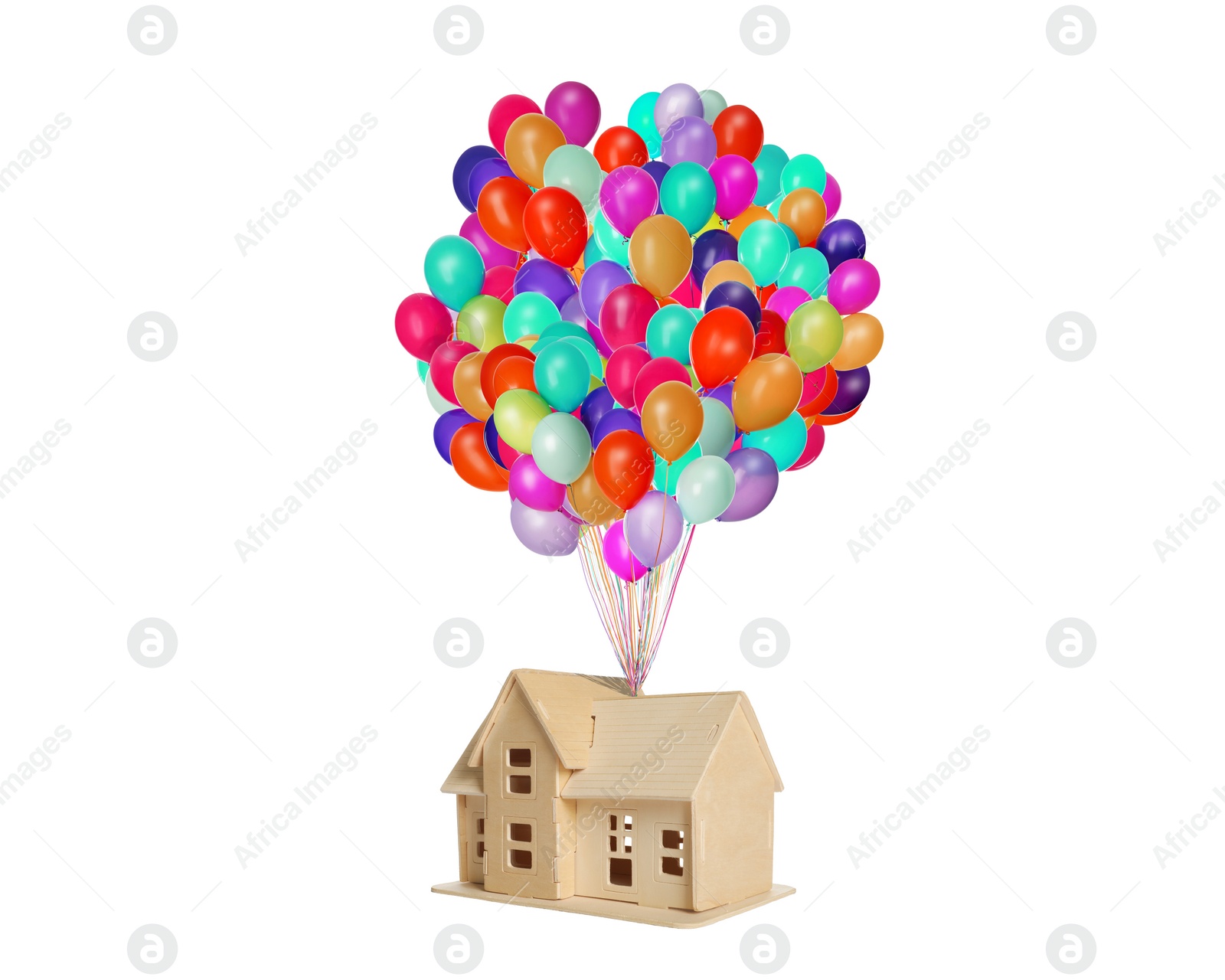 Image of Many balloons tied to model of house flying on white background