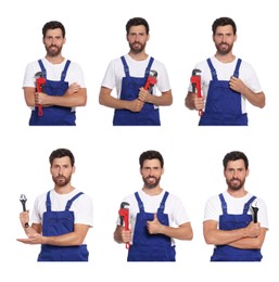 Image of Collage with photos of professional plumber on white background