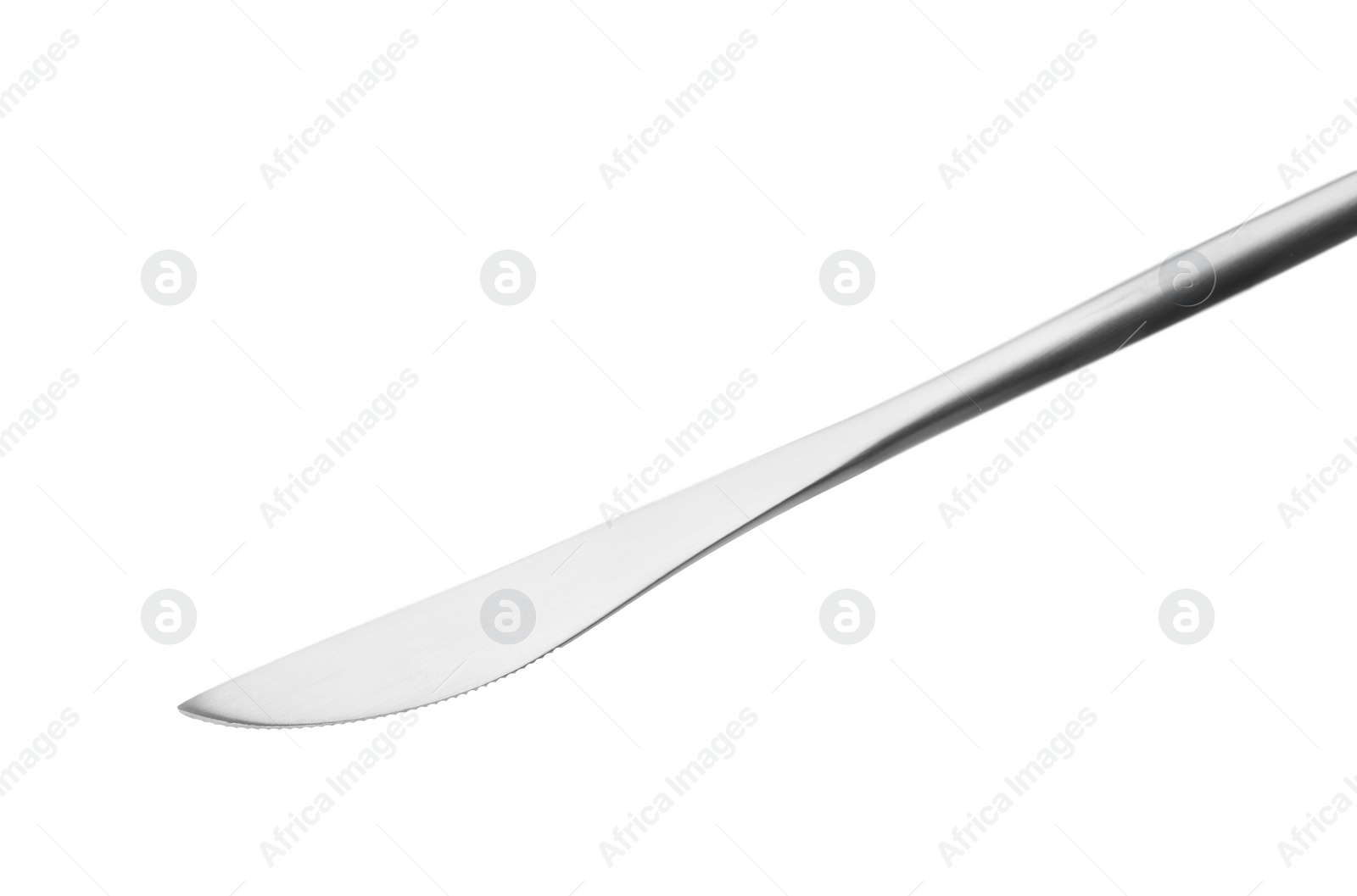 Photo of One silver knife isolated on white. Piece of cutlery