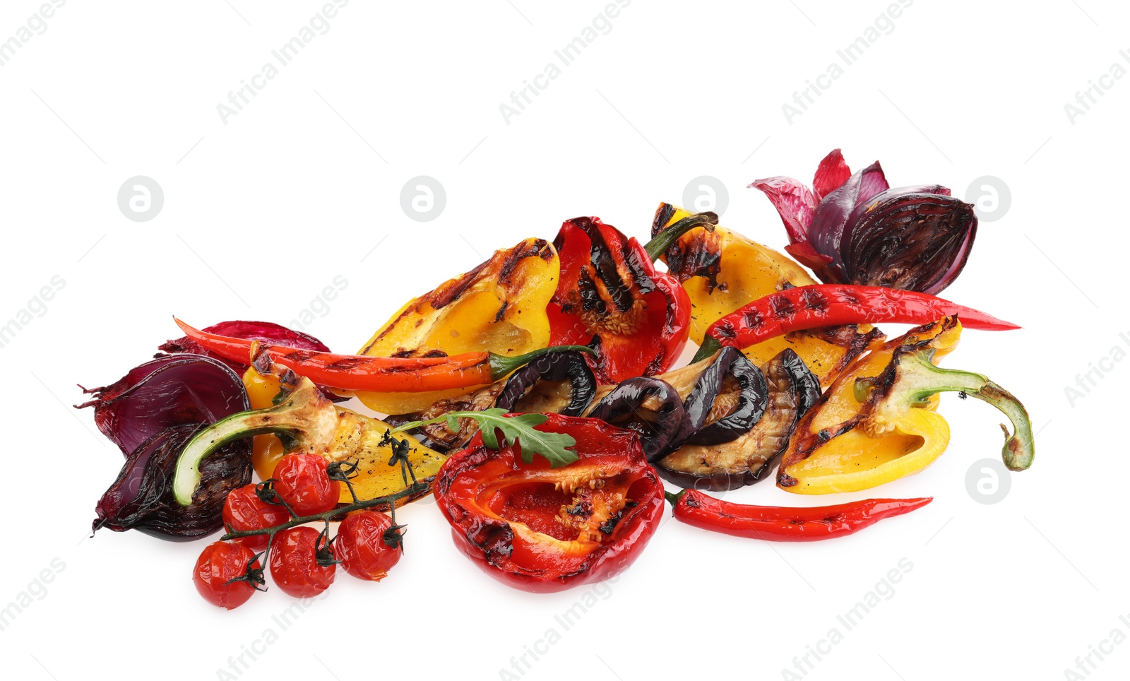 Photo of Different delicious grilled vegetables isolated on white