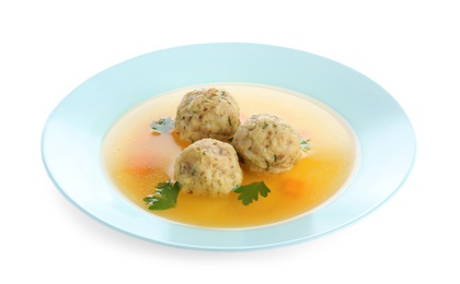 Photo of Dish of Jewish matzoh balls soup isolated on white