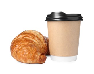 Photo of Delicious fresh croissant and paper cup with coffee isolated on white