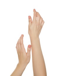 Photo of Freedom concept. Woman showing her hands on white background, closeup