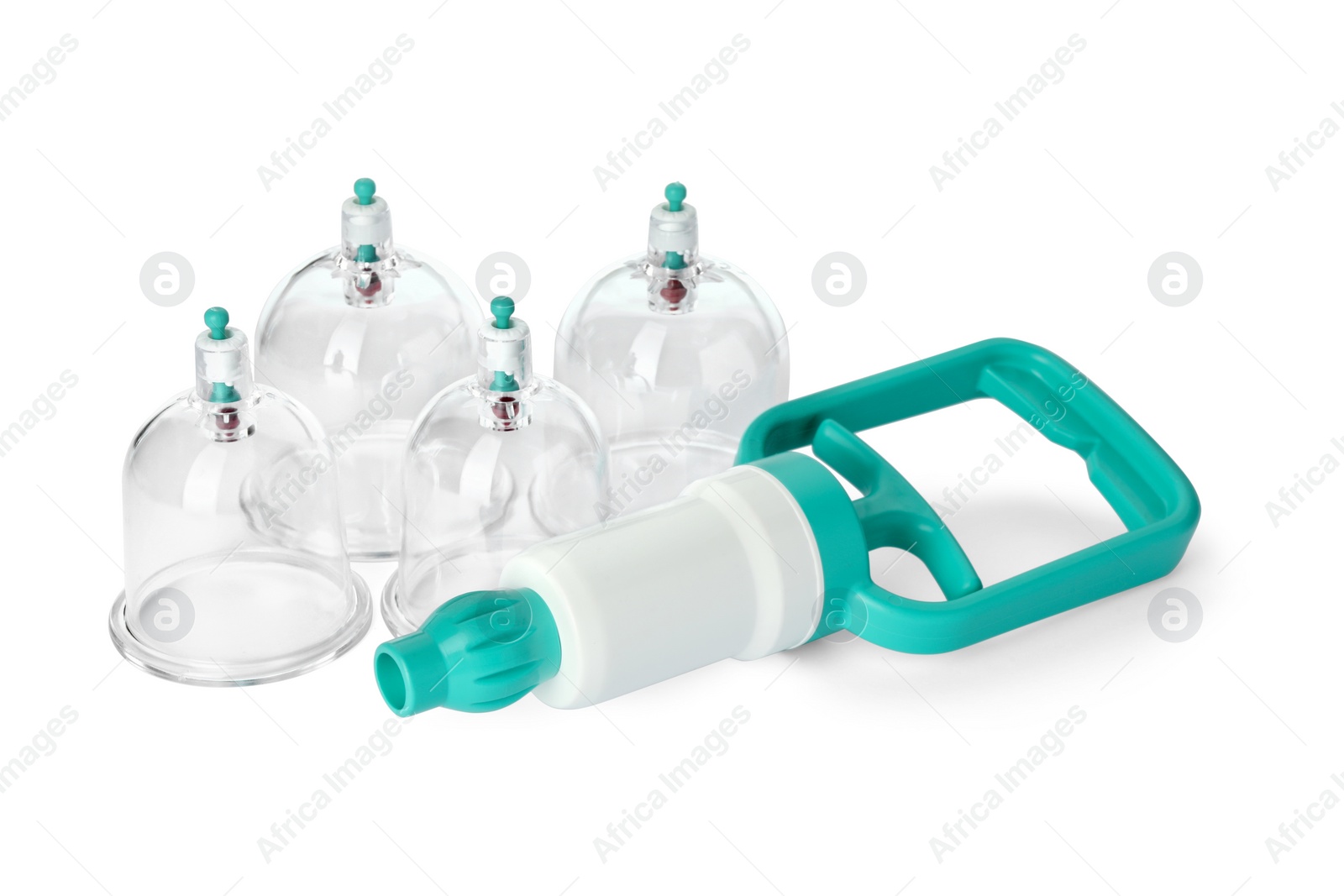 Photo of Plastic cups and hand pump isolated on white. Cupping therapy