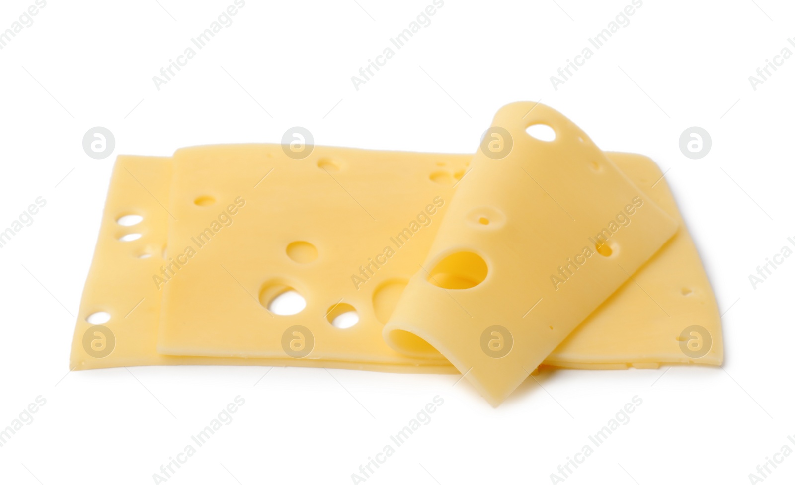 Photo of Slices of tasty fresh cheese isolated on white