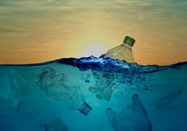 Different plastic garbage in ocean. Environmental pollution