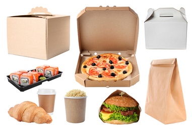 Image of Collage of cardboard and plastic containers with fresh food on white background. Online delivery