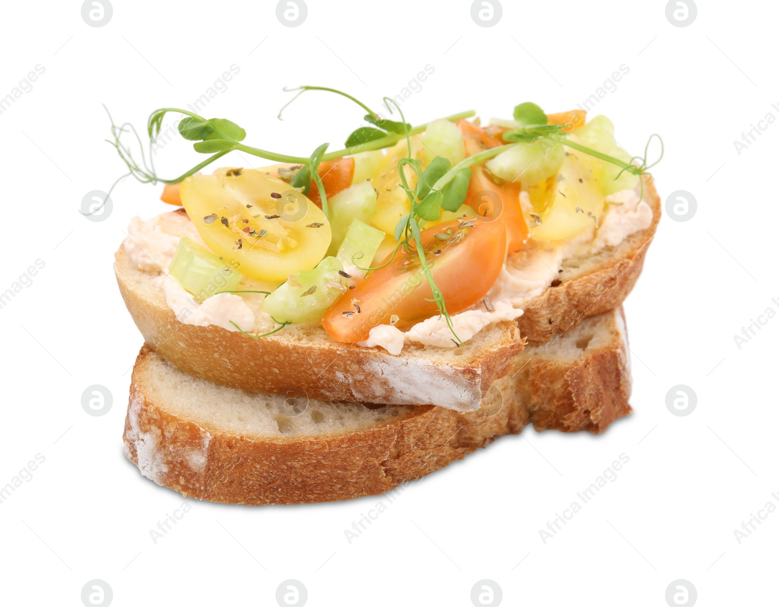 Photo of Tasty vegan sandwich with tomatoes, celery and microgreens isolated on white