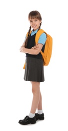 Full length portrait of cute girl in school uniform with backpack on white background