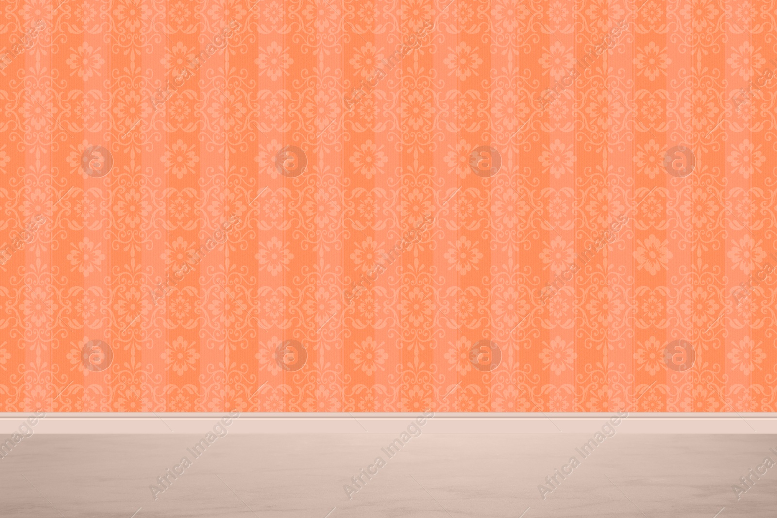 Image of Orange wallpaper with pattern and white floor in room