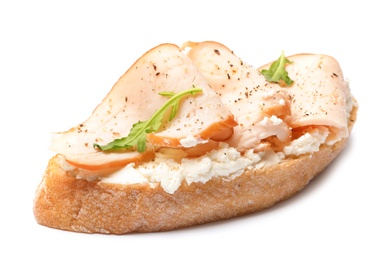 Photo of Delicious chicken bruschetta on white background. Traditional Italian antipasto