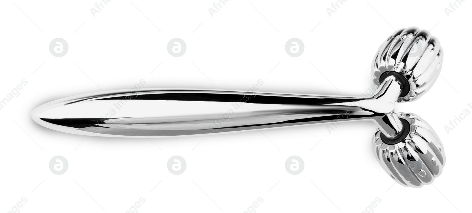 Photo of Modern metal face roller isolated on white, top view