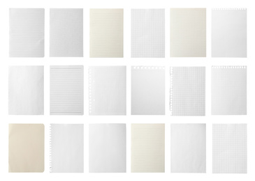 Image of Set of different notebook papers on white background
