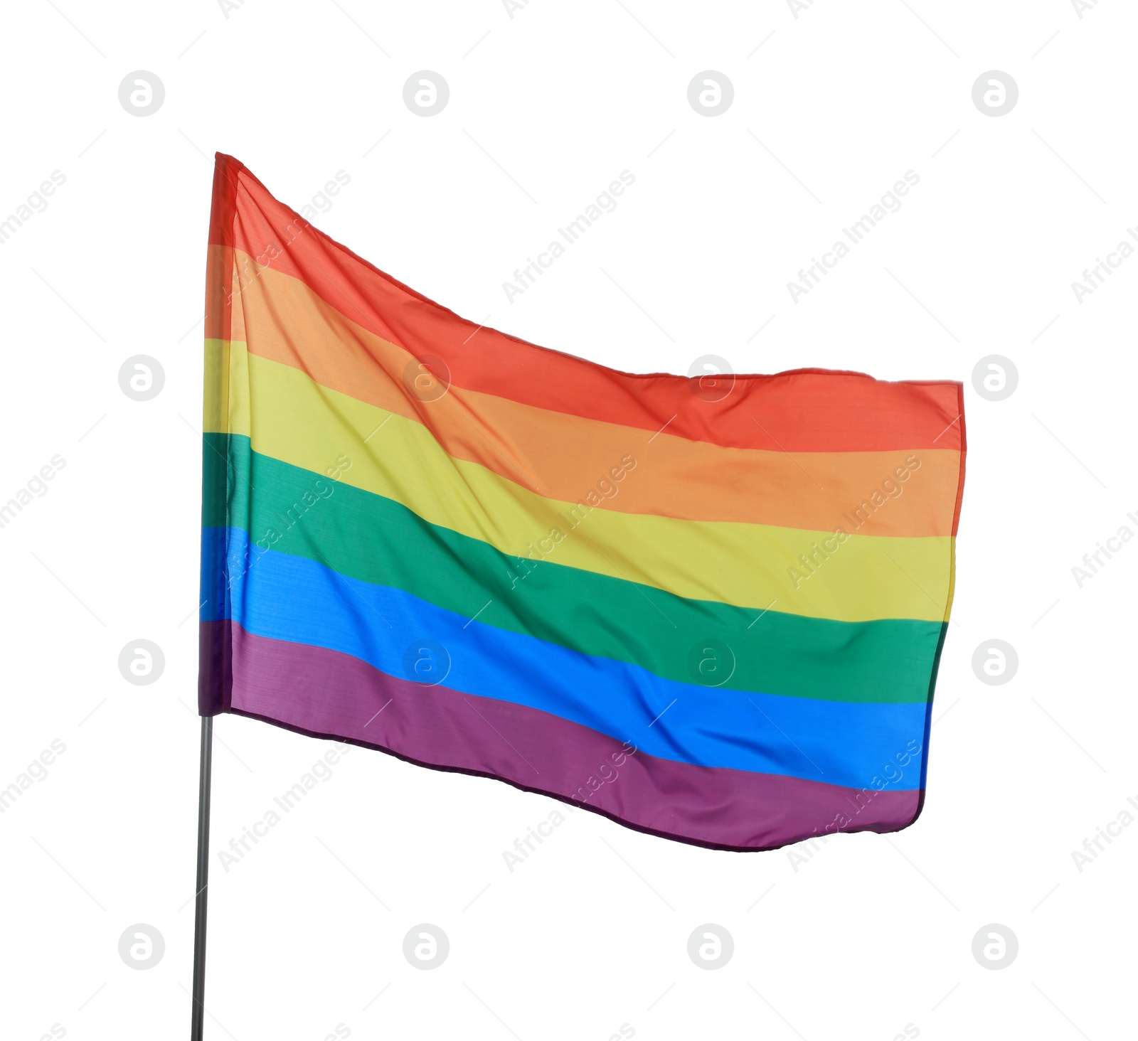 Photo of Bright rainbow LGBT flag fluttering on white background. Lesbian concept