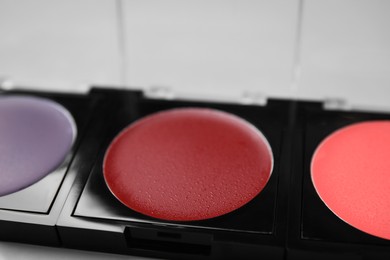Photo of Closeup view of cream lipstick palette refills. Professional cosmetic product