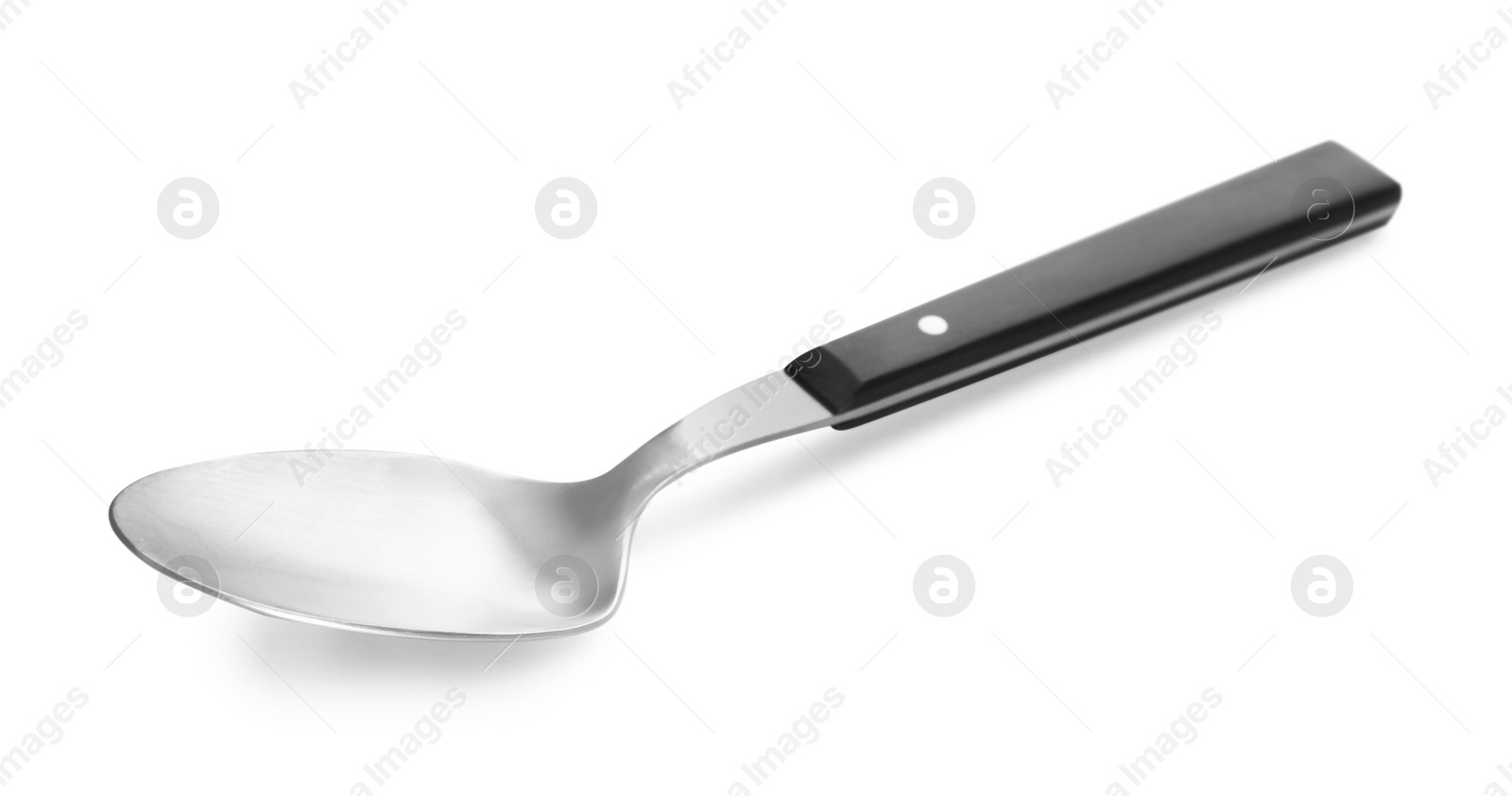 Photo of Silver spoon with black handle isolated on white