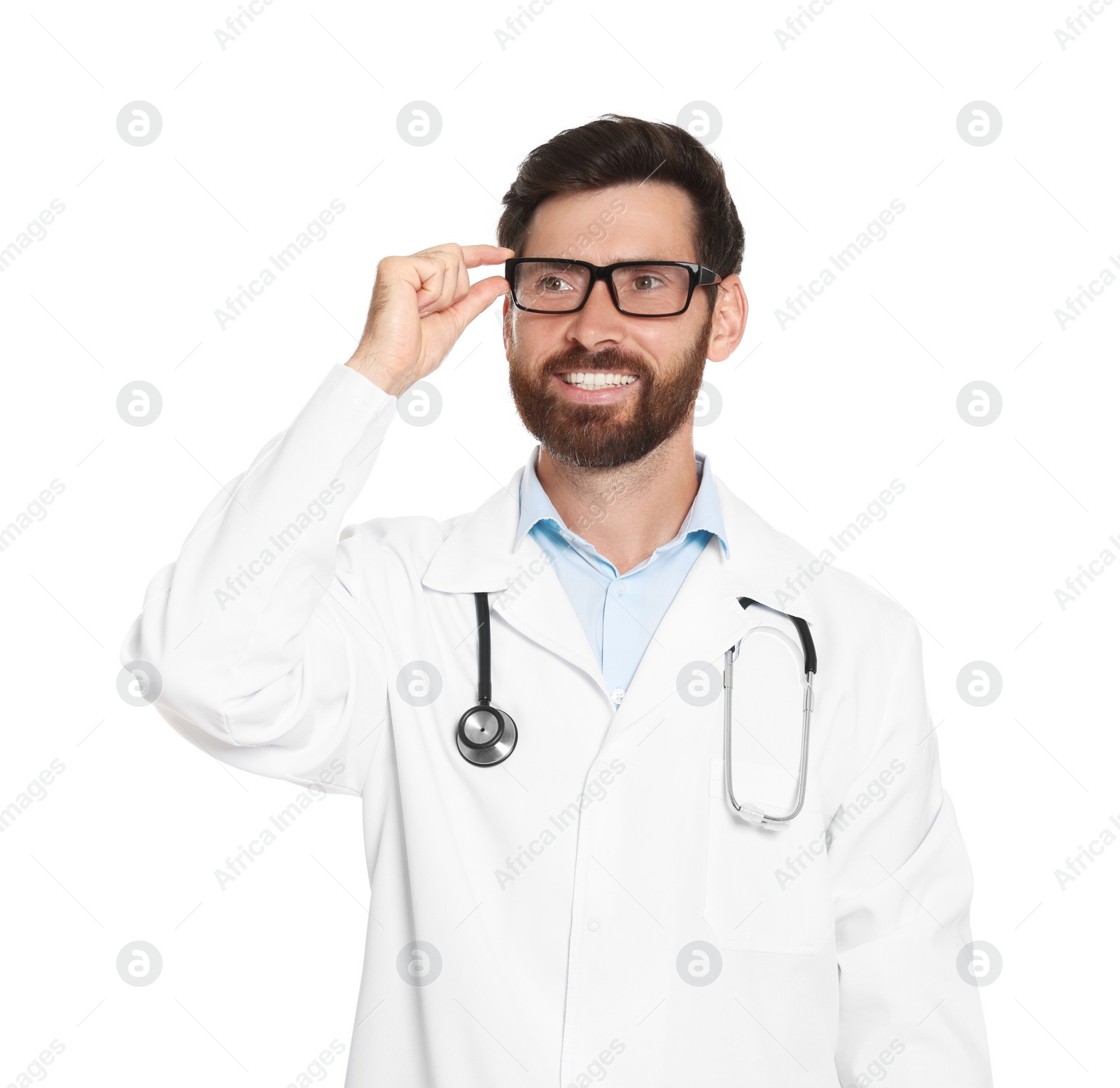 Photo of Portrait of doctor with stethoscope on white background