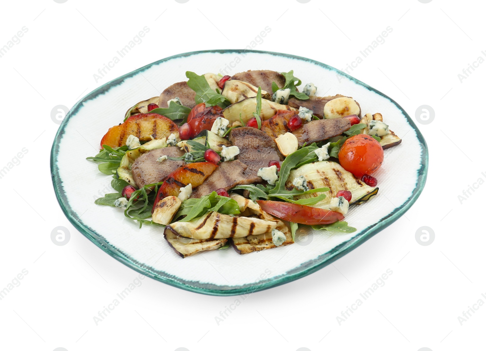 Photo of Delicious salad with beef tongue, grilled vegetables, peach and blue cheese isolated on white