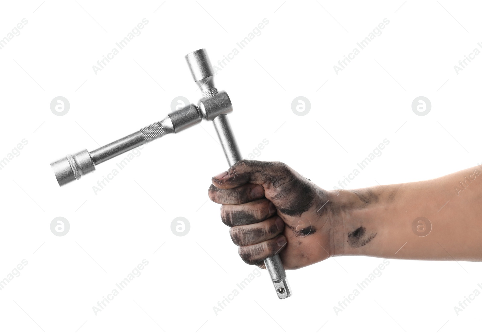 Photo of Auto mechanic holding breaker bar isolated on white, closeup