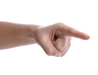 Woman pointing with index finger on white background, closeup