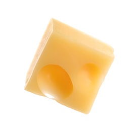 Photo of Cube of delicious cheese isolated on white