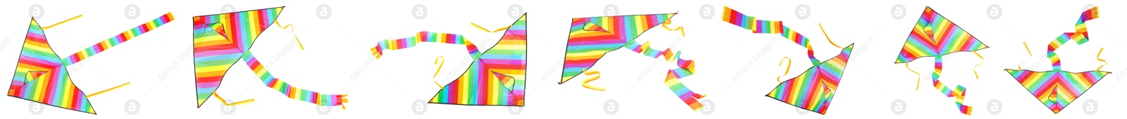 Image of Set with beautiful bright kites on white background. Banner design