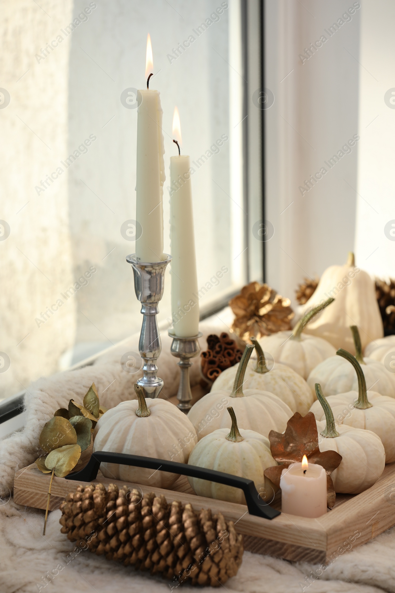 Photo of Composition with white pumpkins and burning candles on window sill indoors