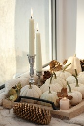 Photo of Composition with white pumpkins and burning candles on window sill indoors