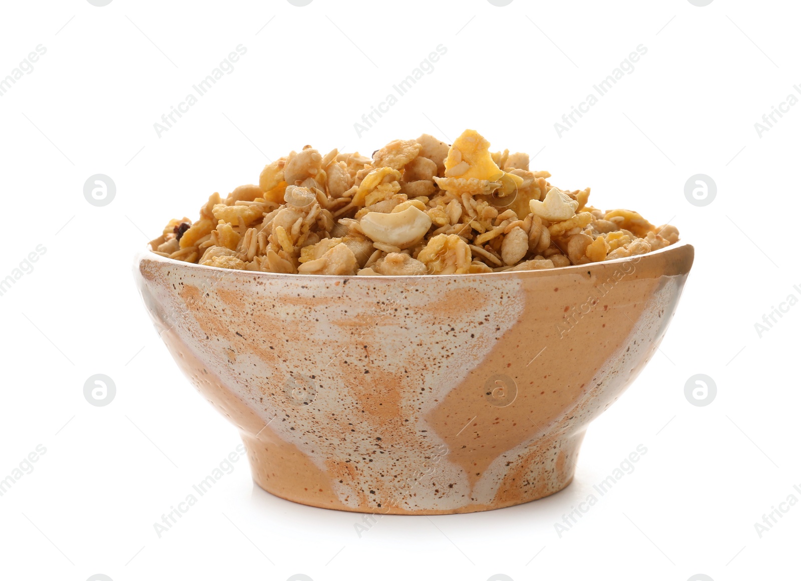 Photo of Bowl with wheat flakes on white background. Healthy grains and cereals