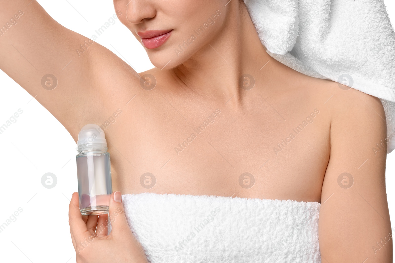 Photo of Woman applying deodorant on white background, closeup